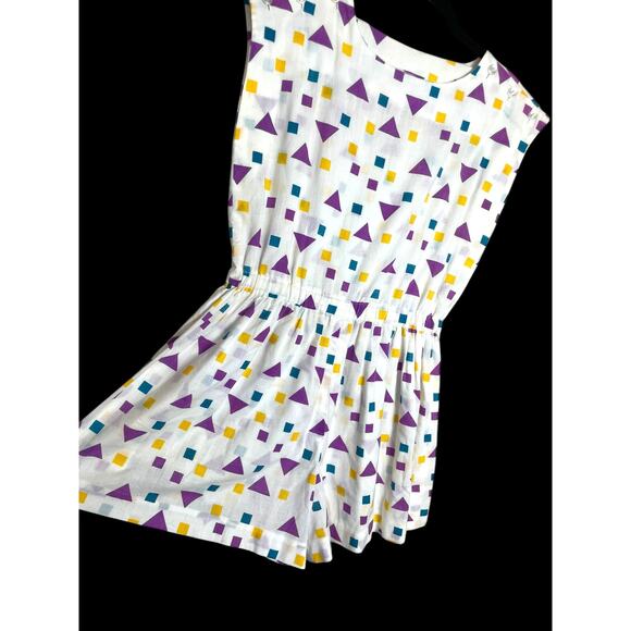 Vintage 80s Lightweight White Geometric Multicolor Cotton Handmade Romper Shorts - Picture 2 of 4